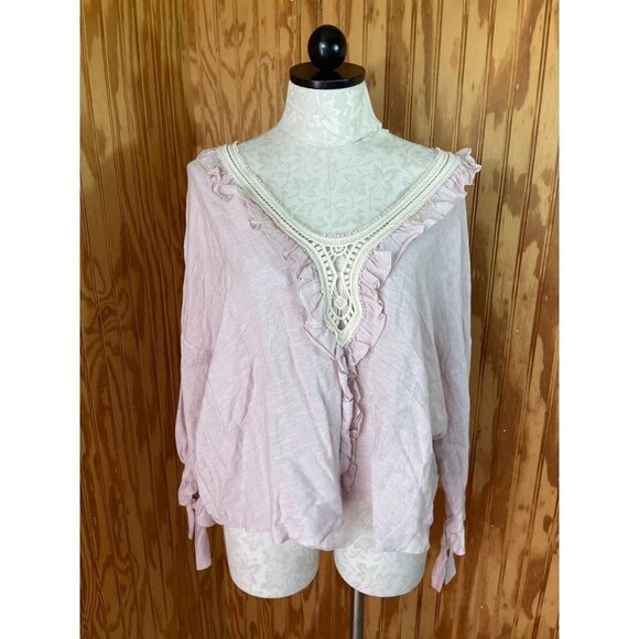 Zara Basic Blouse Pullover Top Ruffle Crochet Trim Long Sleeve Pink Sz S - Picture 1 of 8